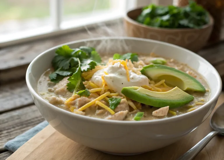 Ultra close-up of creamy crockpot white chicken chili with toppings