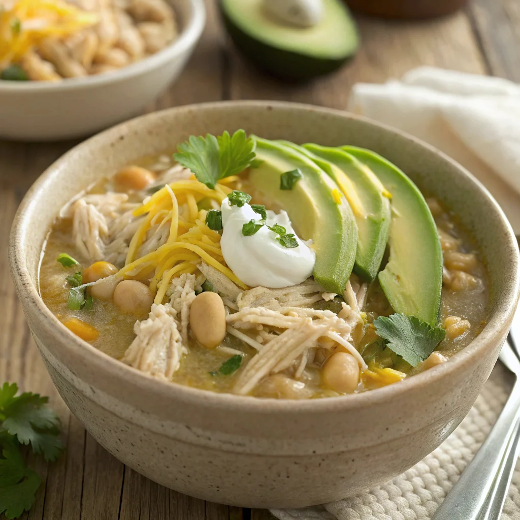 crockpot white chicken chili topped with avocado, cheese, cilantro, and sour cream in a ceramic bowl