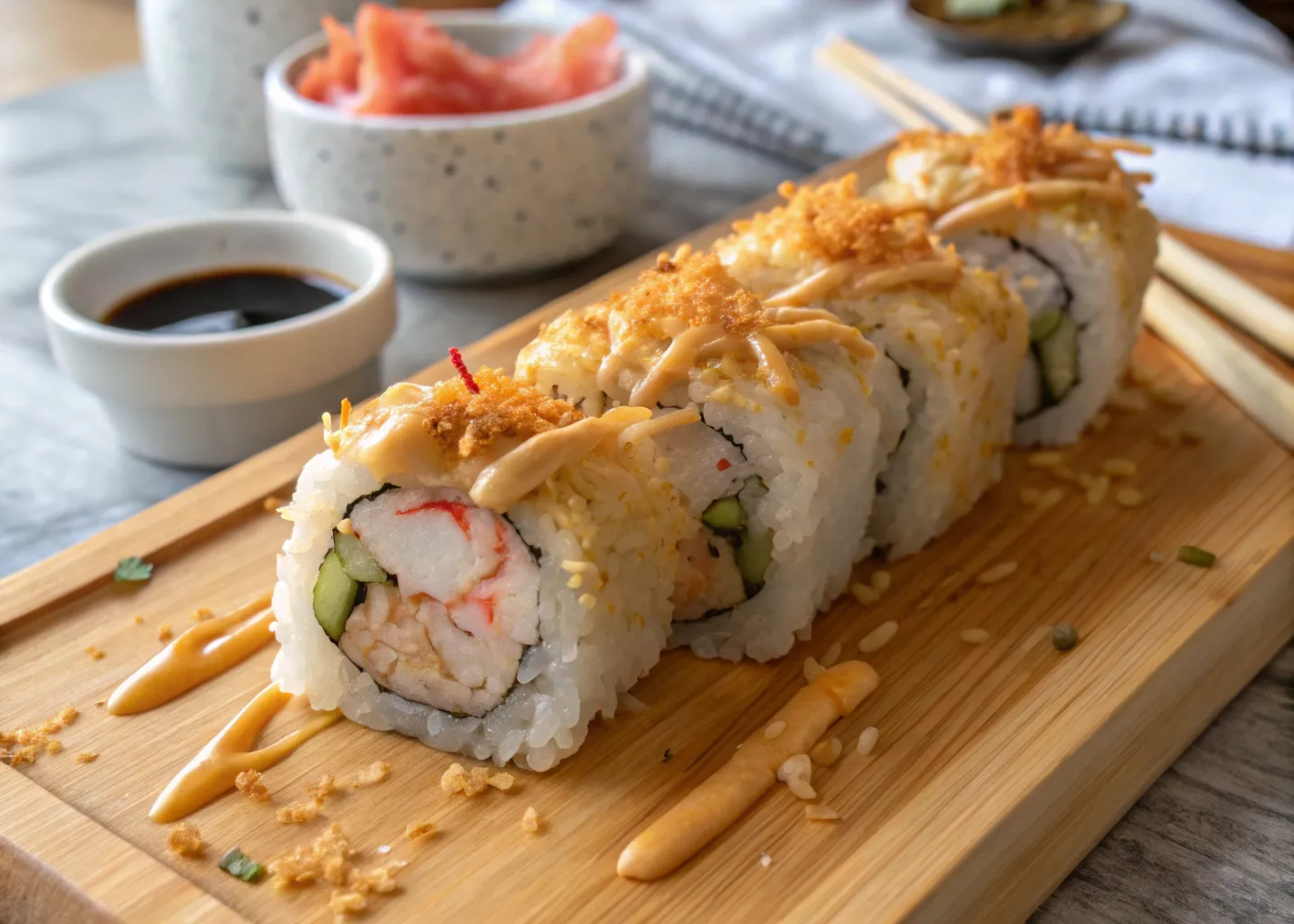 Crunchy roll sushi topped with tempura flakes and spicy mayo