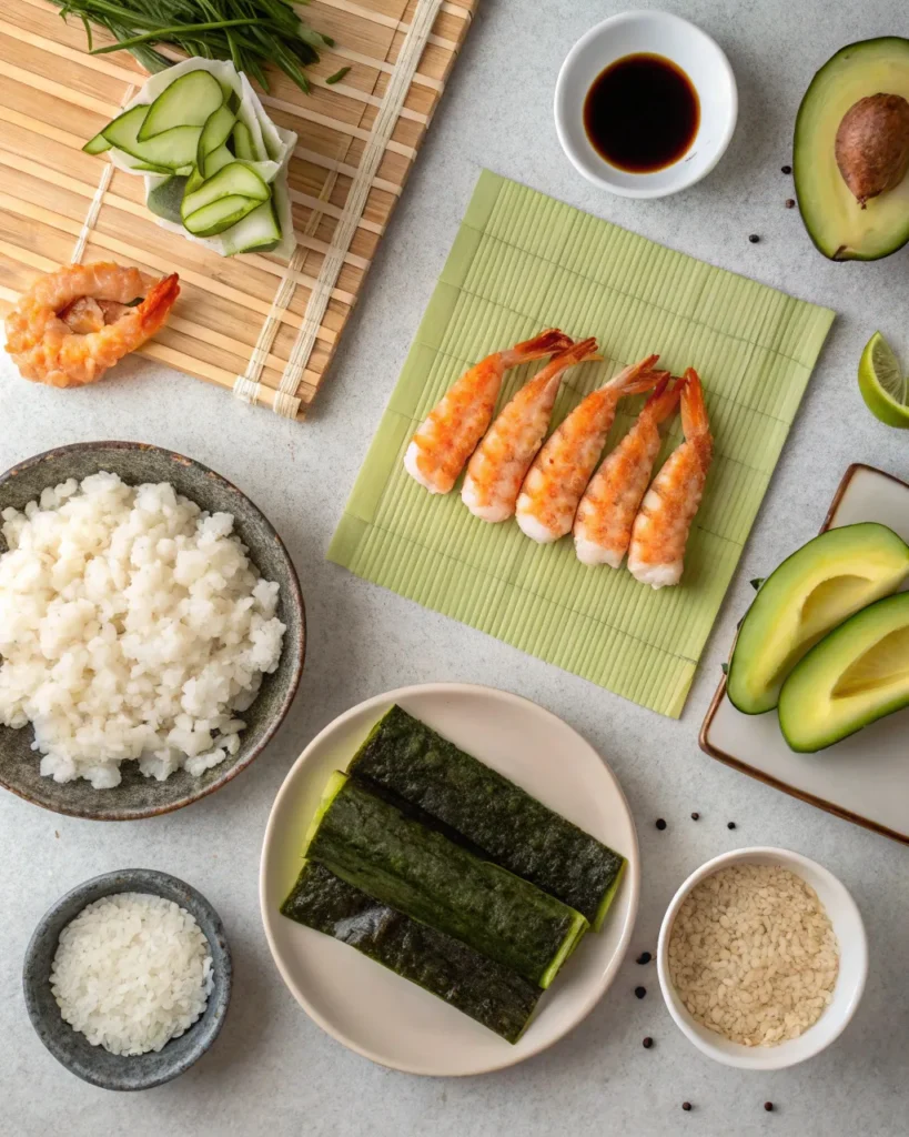 Crunchy roll sushi ingredients on a counter