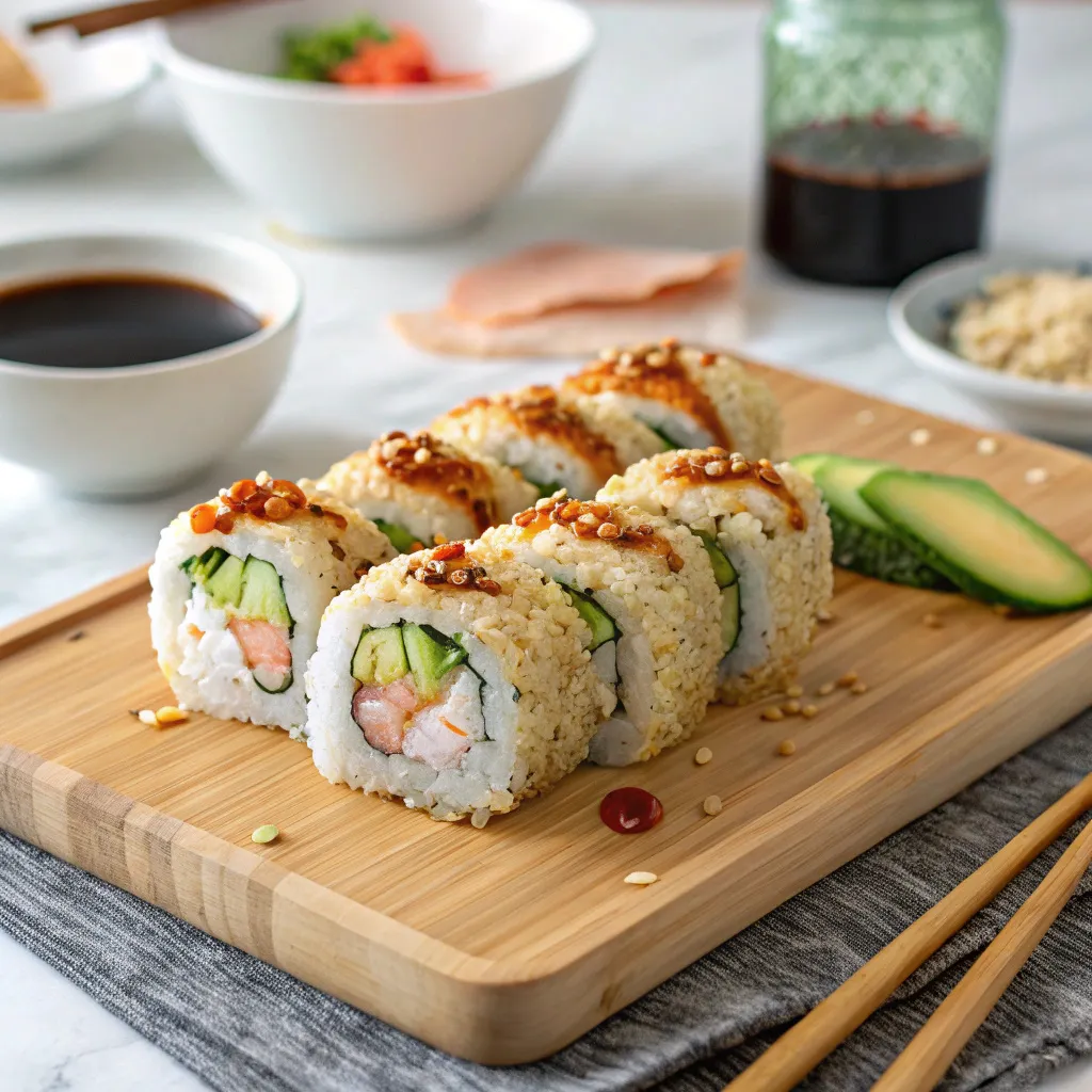 Crunchy roll sushi with shrimp tempura, avocado, and crispy toppings