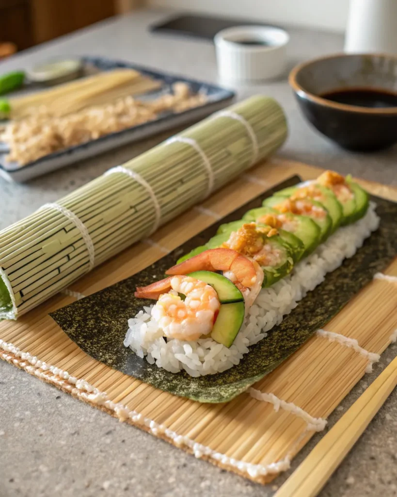 Crunchy roll sushi ingredients on rice before rolling