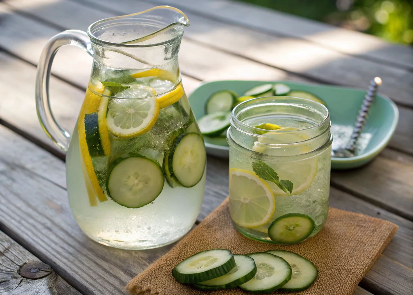 Refreshing cucumber lemonade with lemon slices in a glass pitcher
