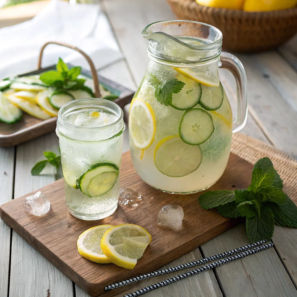 Cucumber Lemonade 5 Cucumber lemonade served in a mason jar with lemon and cucumber slices