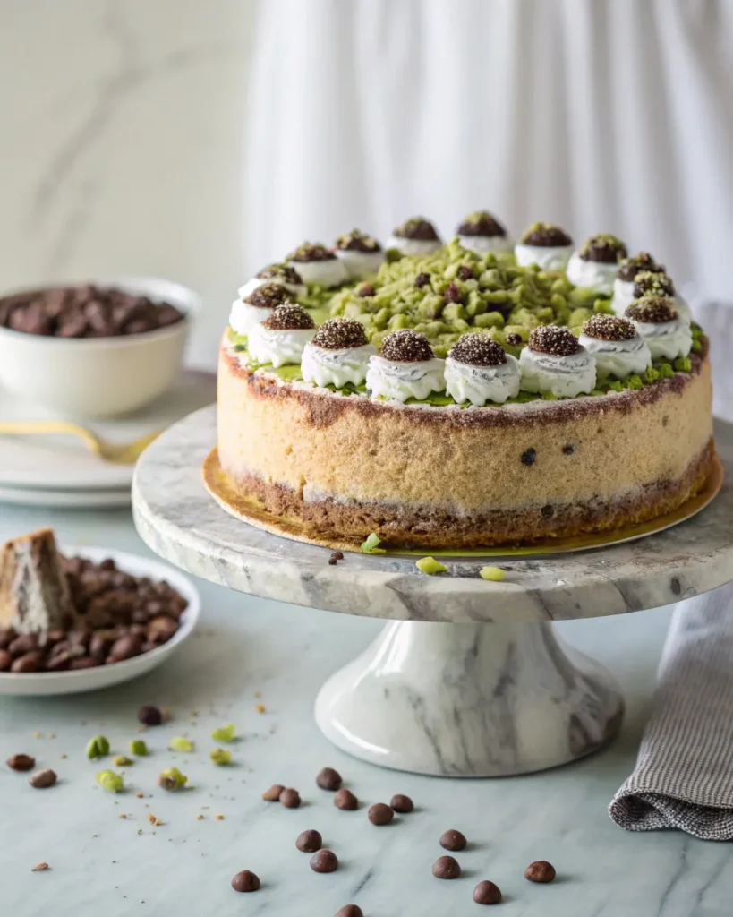 Cannoli Cake Recipe 3 Fully assembled cannoli cake with mini cannoli on top