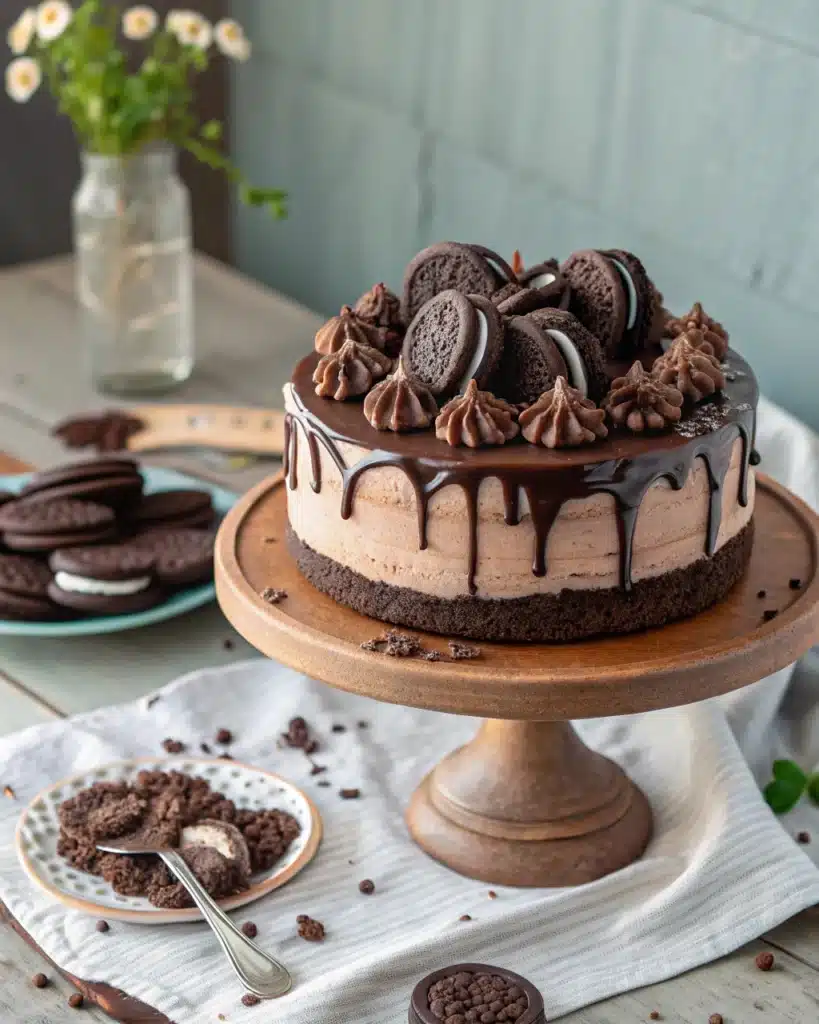 Decorated Oreo cake with chocolate ganache drip and cookie topping