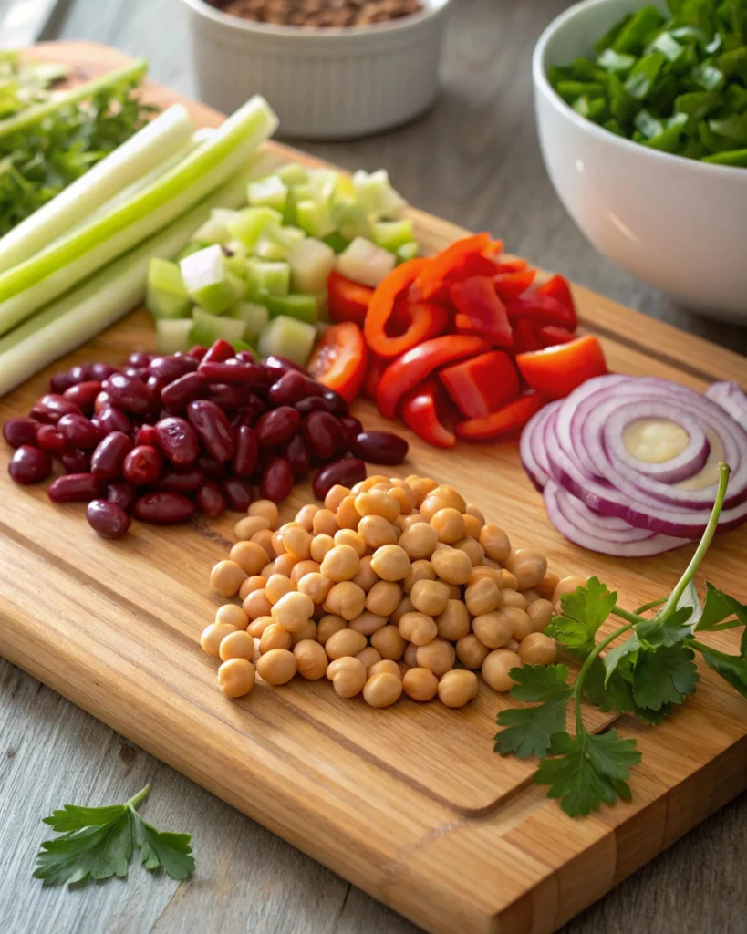 Ingredients for dense bean salad including kidney beans, chickpeas, red onion, and bell peppers