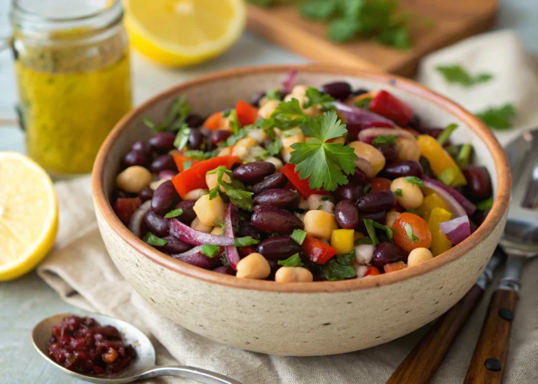 Dense bean salad recipe with chickpeas, black beans, and fresh vegetables