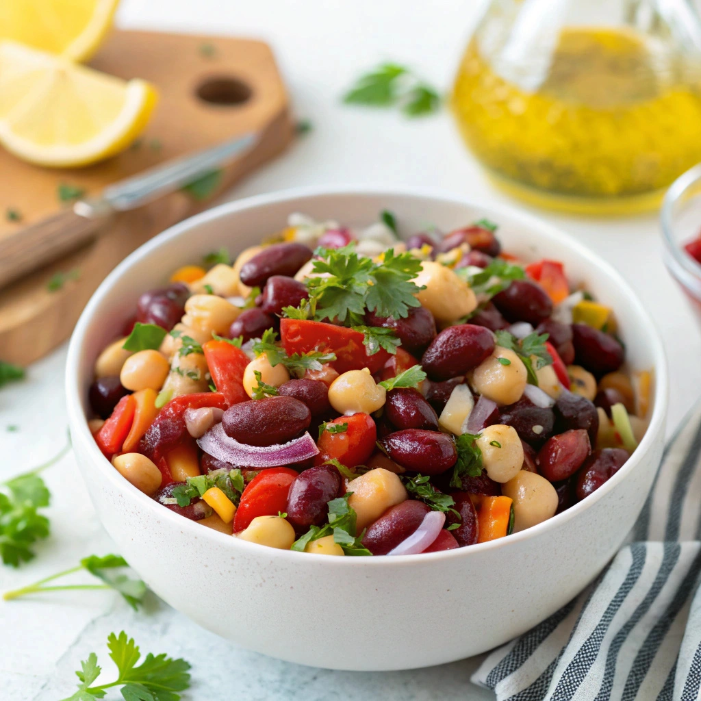 Finished dense bean salad with chickpeas, black beans, and fresh vegetables