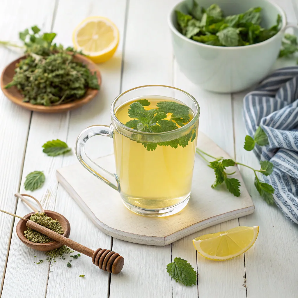lemon balm tea recipe in a clear mug with dried herbs, lemon, and honey