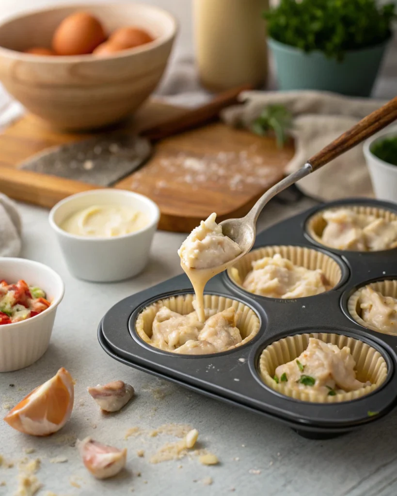 Filling muffin tin with mini chicken pot pie mixture