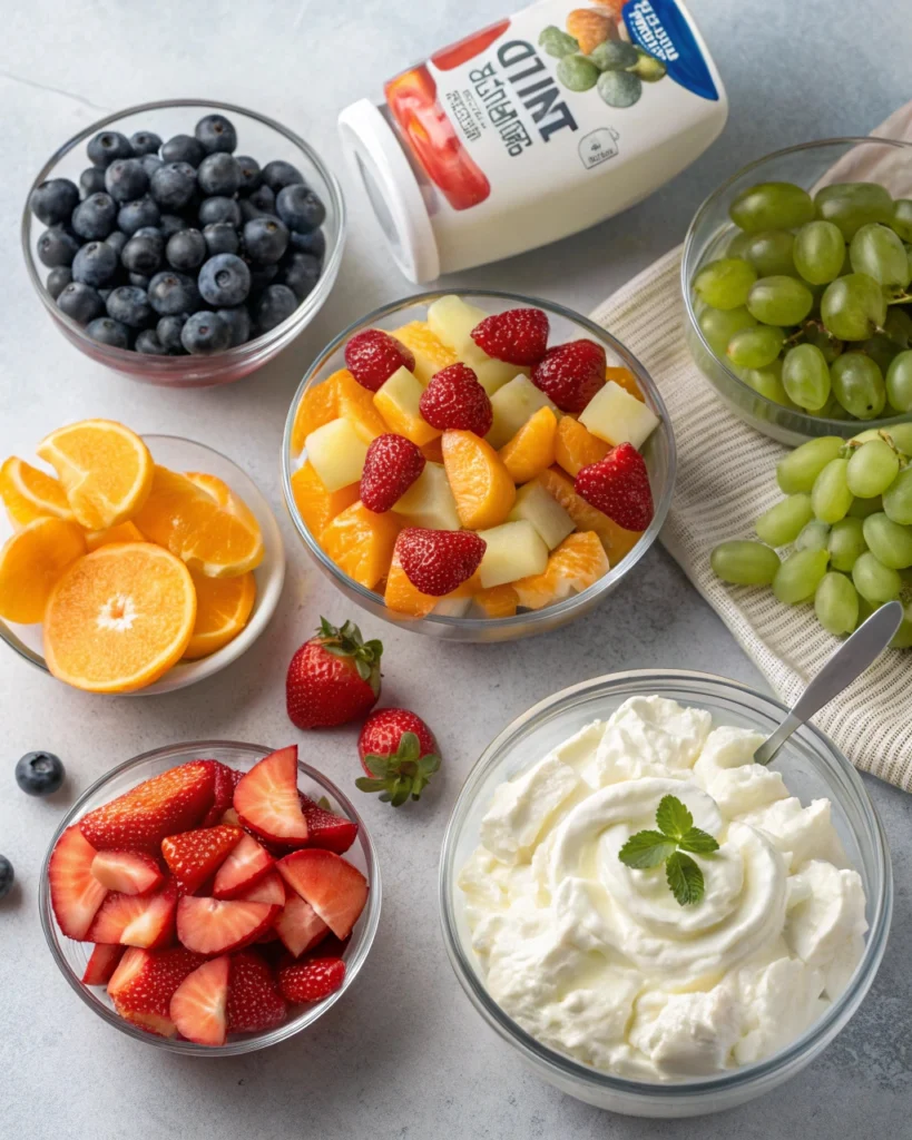 Fresh fruits like strawberries, grapes, oranges, and blueberries in bowls for Cool Whip salad