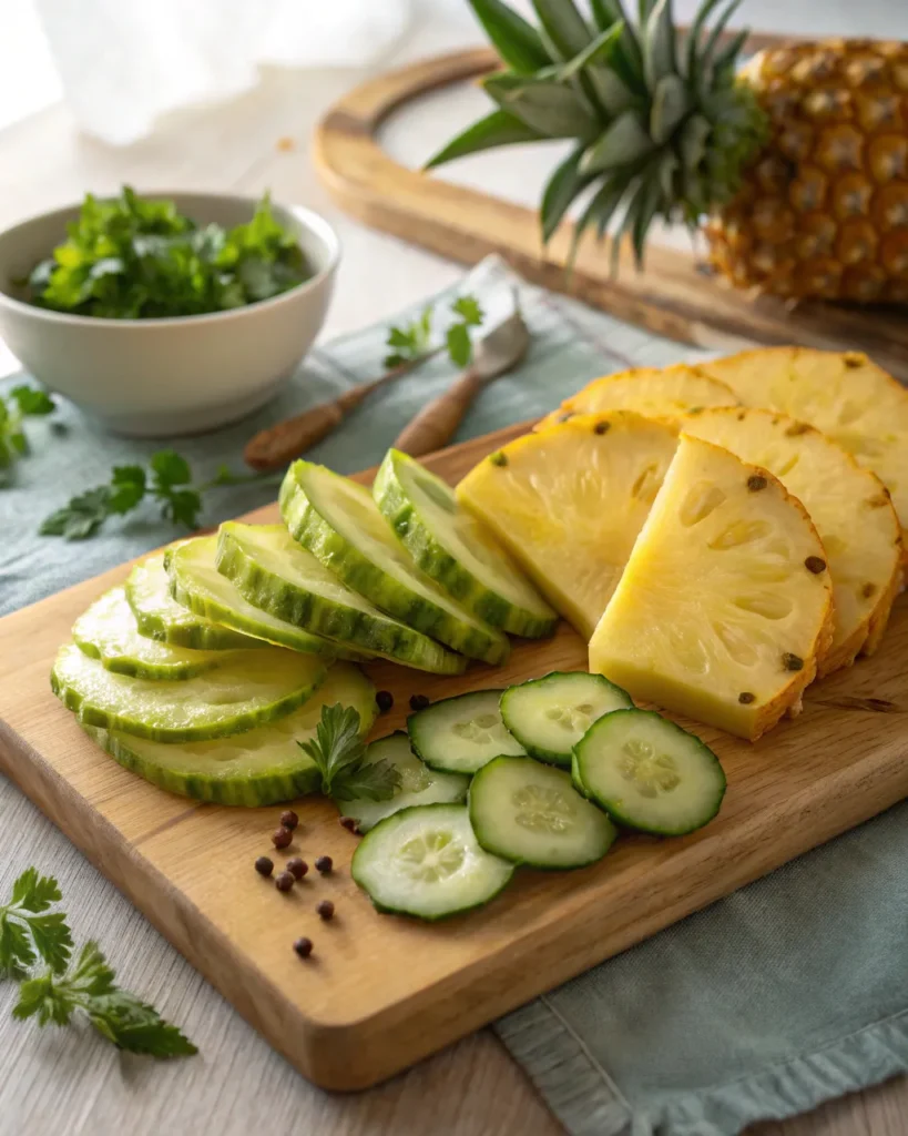 Pineapple cucumber salad 2 fresh pineapple and cucumber on a wooden board