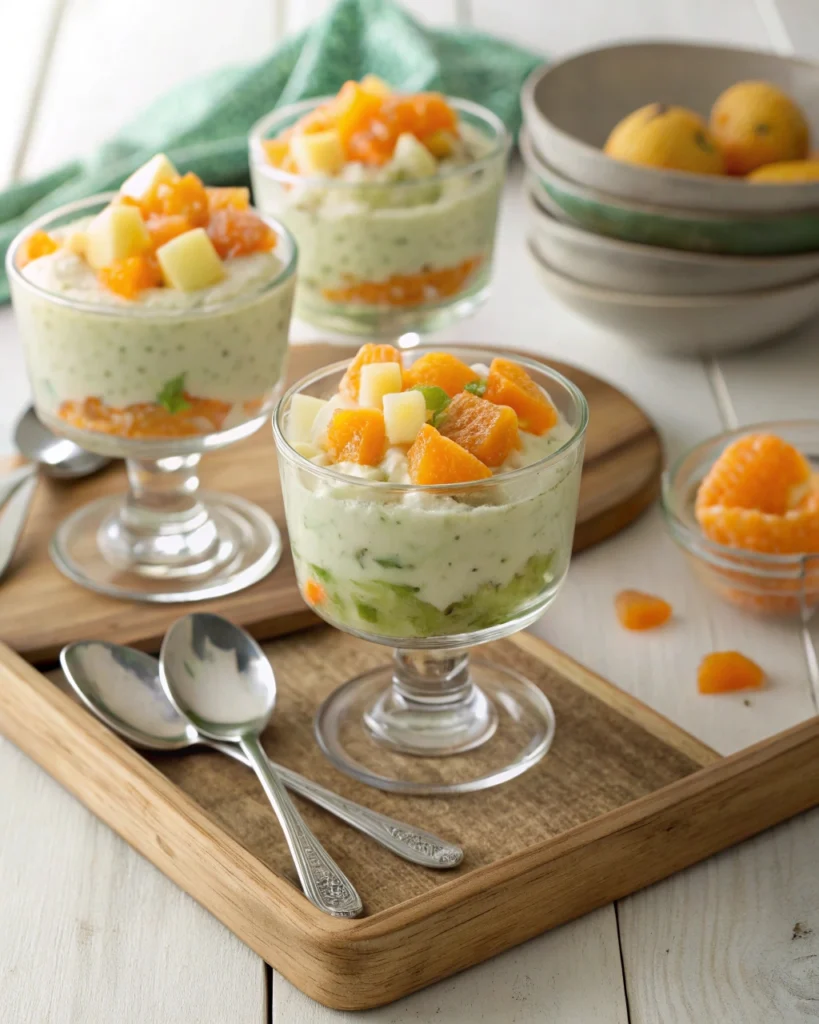 Frog eye salad served in small glass dessert cups with fruit on top