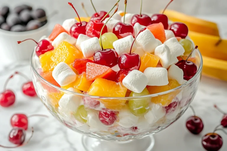 reamy fruit salad with Cool Whip and cherries served in a glass bowl