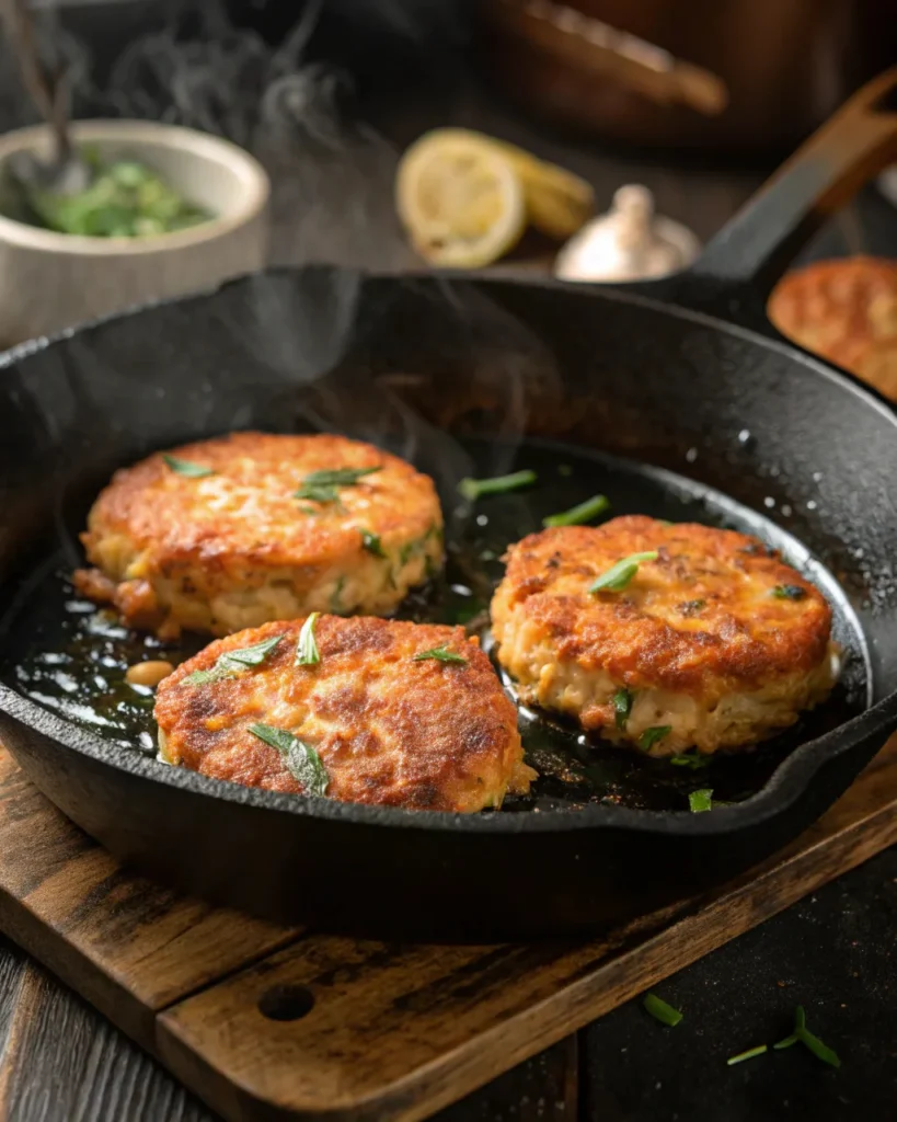 Salmon patties frying in skillet for classic Southern recipe