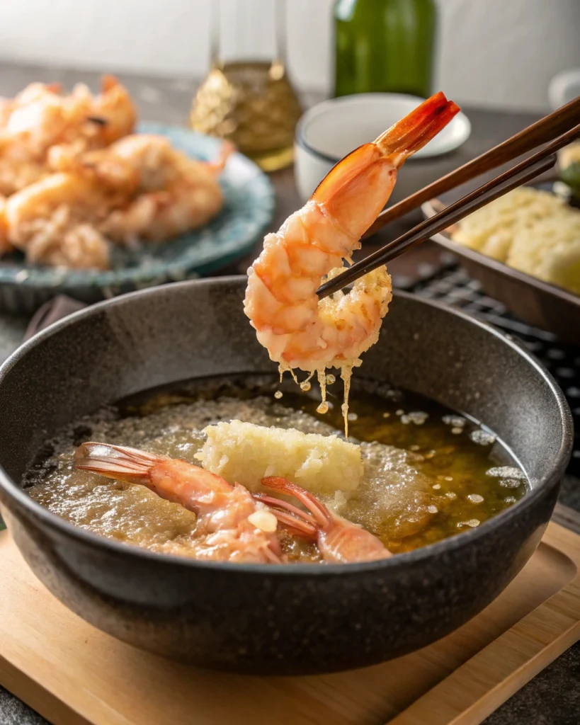 Shrimp tempura frying in a home kitchen