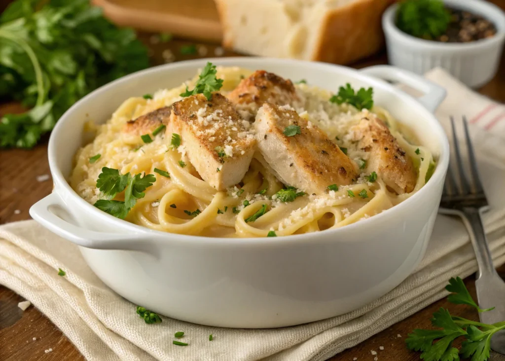 Creamy garlic parmesan chicken pasta recipe served hot