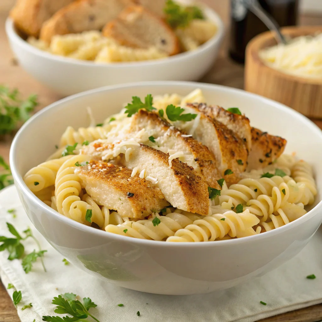 Garlic Parmesan Chicken Pasta 5 Creamy garlic parmesan chicken pasta served in a bowl with parsley and parmesan