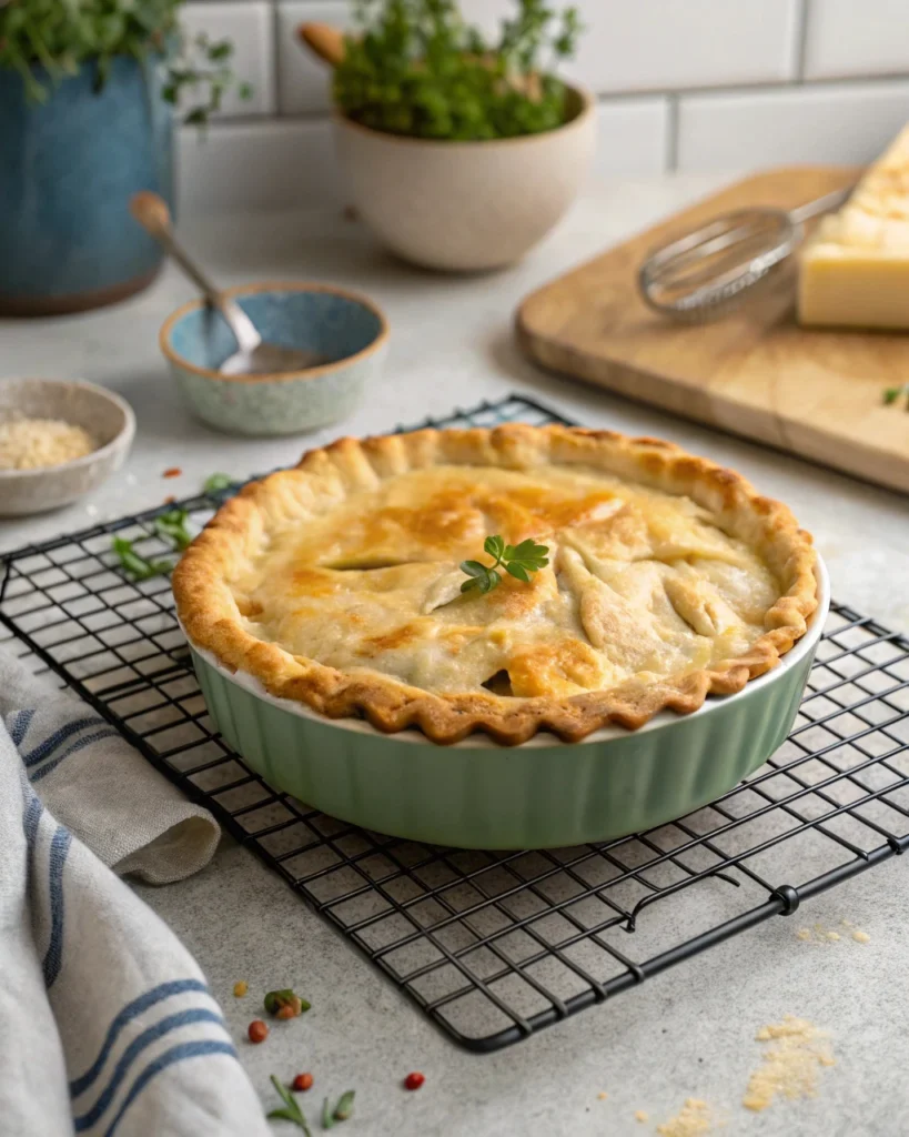 Homemade chicken pot pie with golden crust cooling on counter
