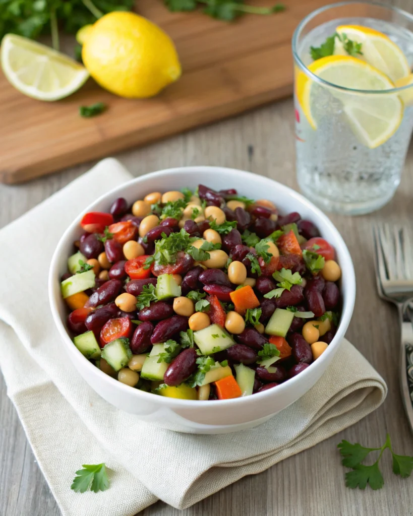 Healthy dense bean salad served with lemon water and fresh herbs