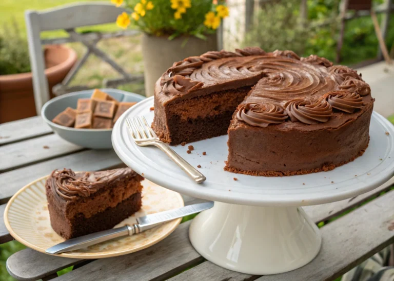 Homemade brownie cake with chocolate frosting on white cake stand