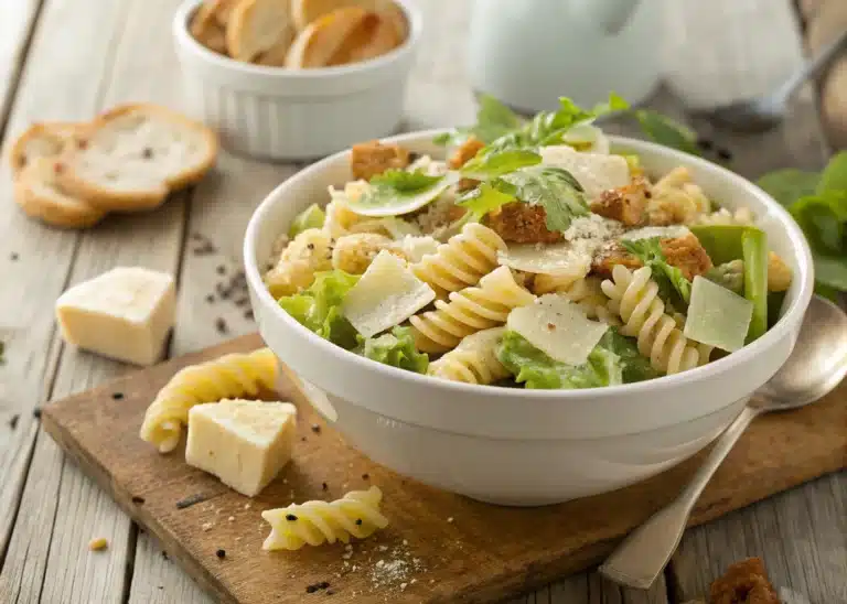 Caesar pasta salad with romaine and parmesan in white bowl