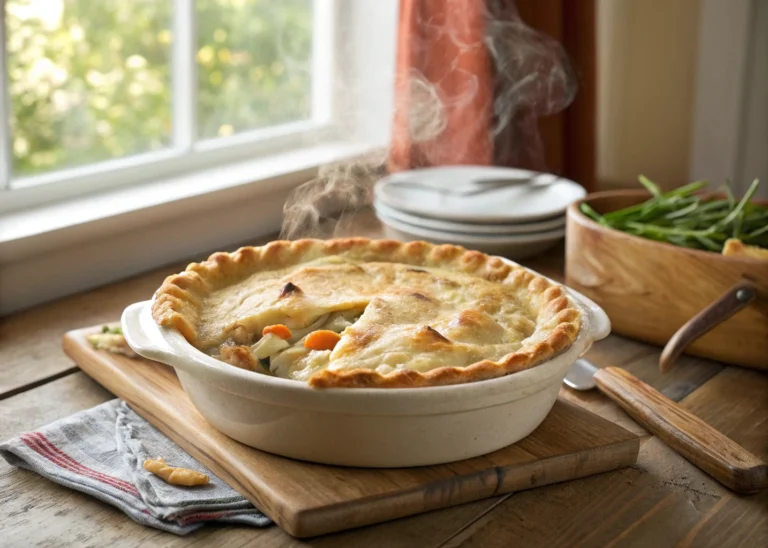 Homemade chicken pot pie with cream of chicken soup on kitchen table