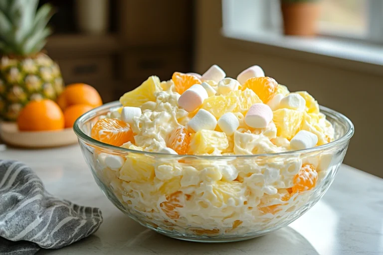 Homemade frog eye salad in a clear glass bowl with fruit and pasta