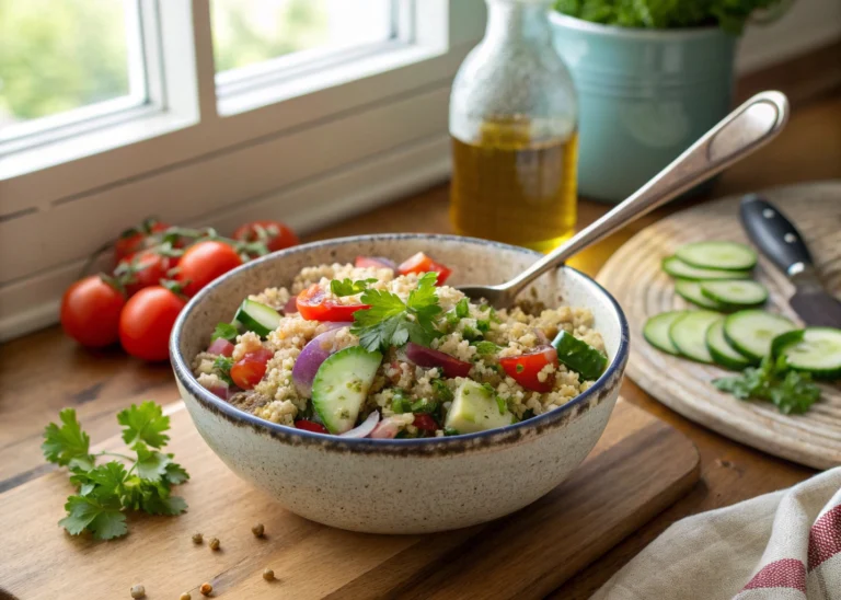 Homemade Mediterranean quinoa salad on a wooden table