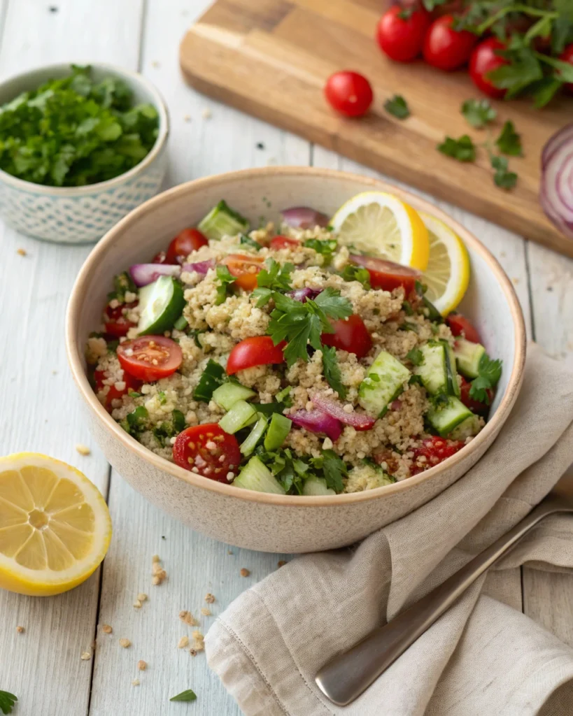 Homemade Mediterranean quinoa salad in a ceramic bowl with fresh vegetables on a wooden kitchen table