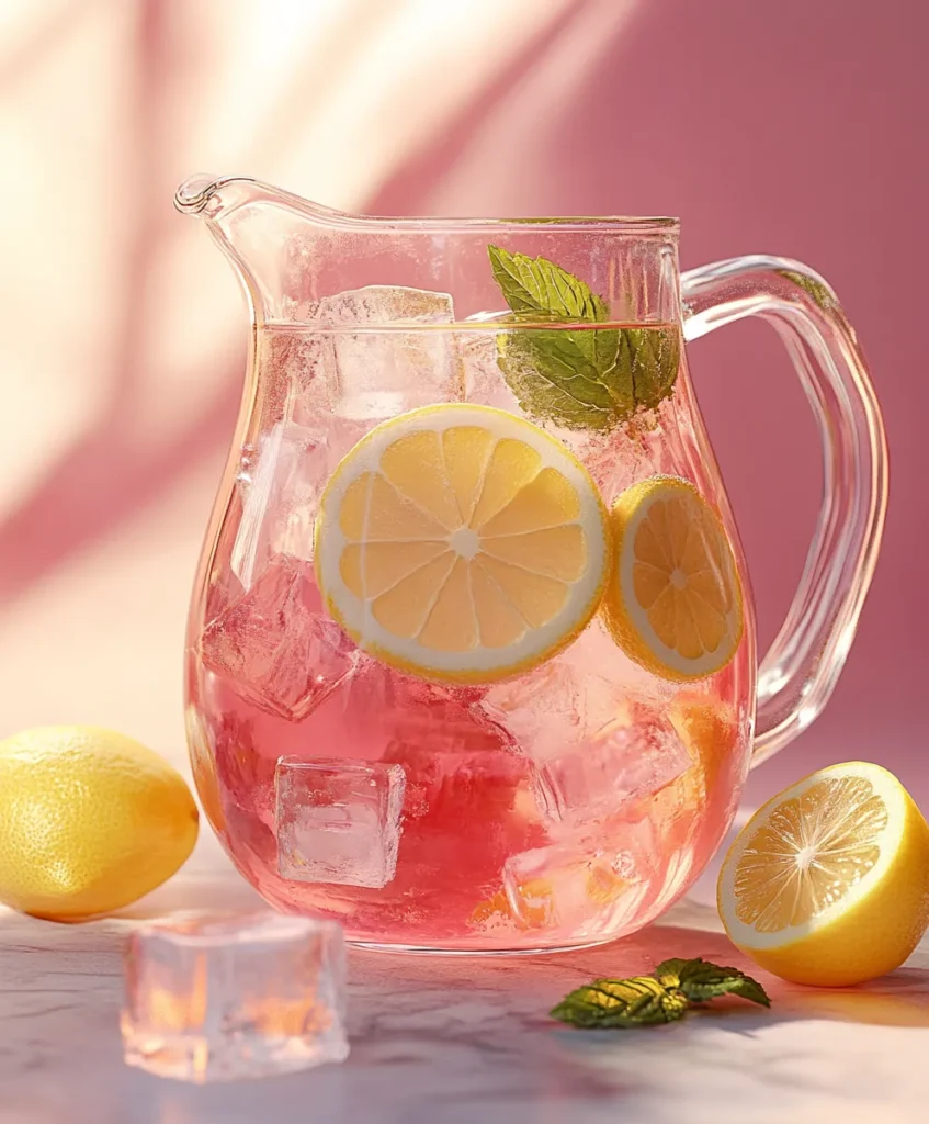 Homemade pitcher of pink lemonade with fresh lemons and mint