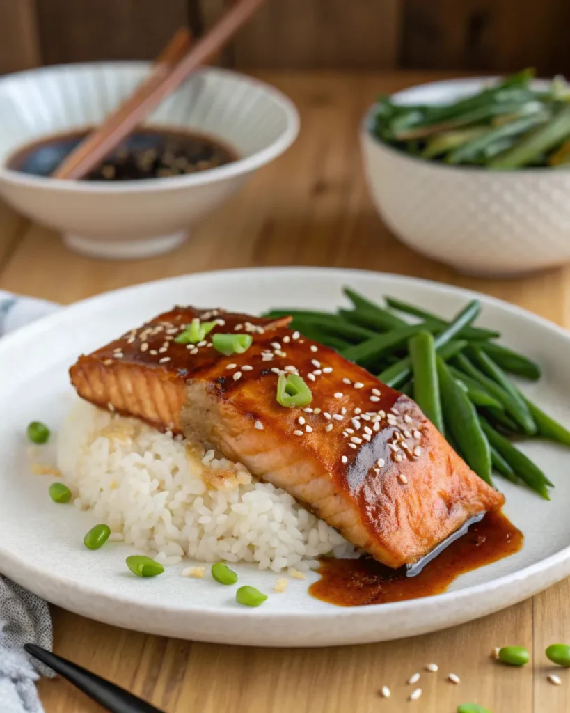 Teriyaki salmon with rice and green beans
