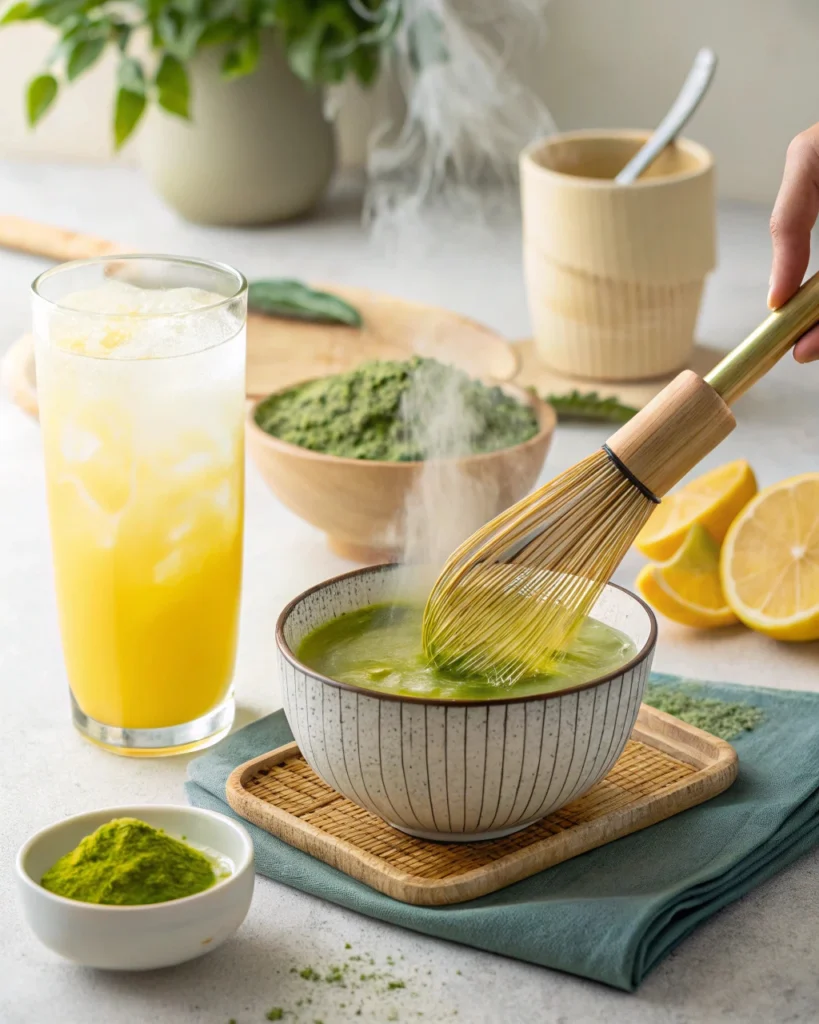 Whisking matcha and pouring it into lemonade over ice