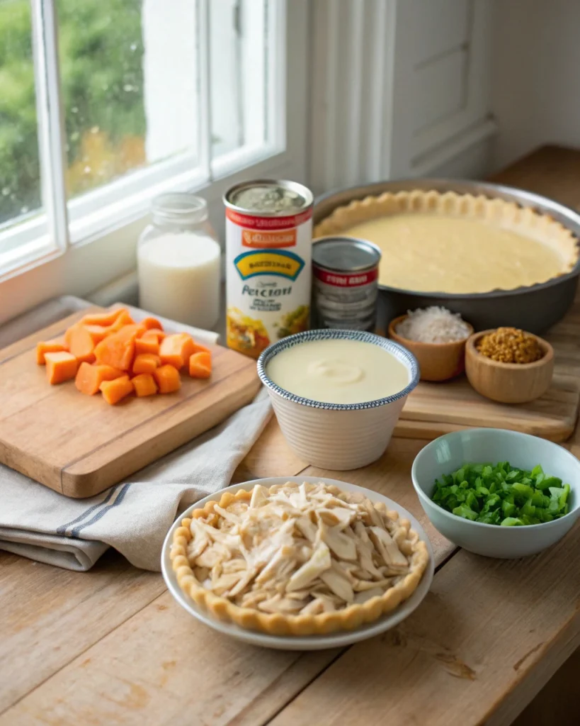 Homemade ingredients for chicken pot pie with cream of chicken soup