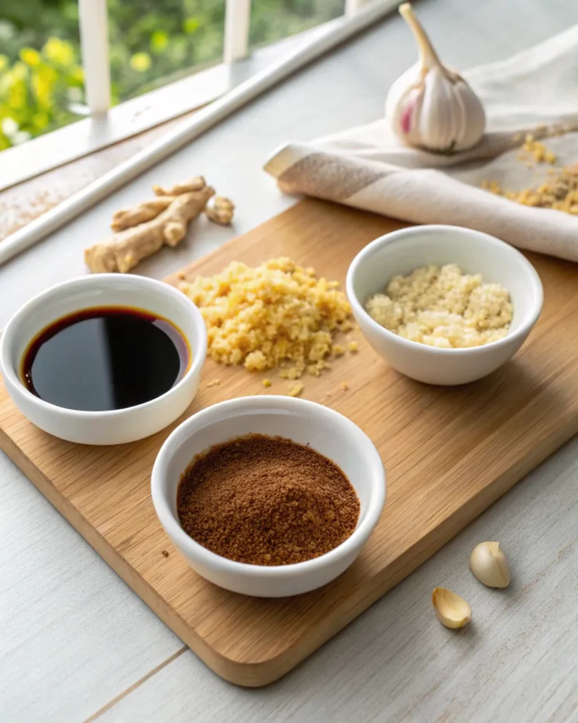 Soy sauce, garlic, brown sugar, ginger, and cornstarch in bowls for beef and broccoli stir-fry sauce
