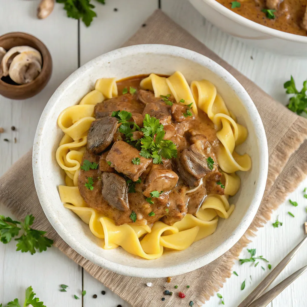 Instant Pot beef stroganoff served over noodles with mushrooms and parsley