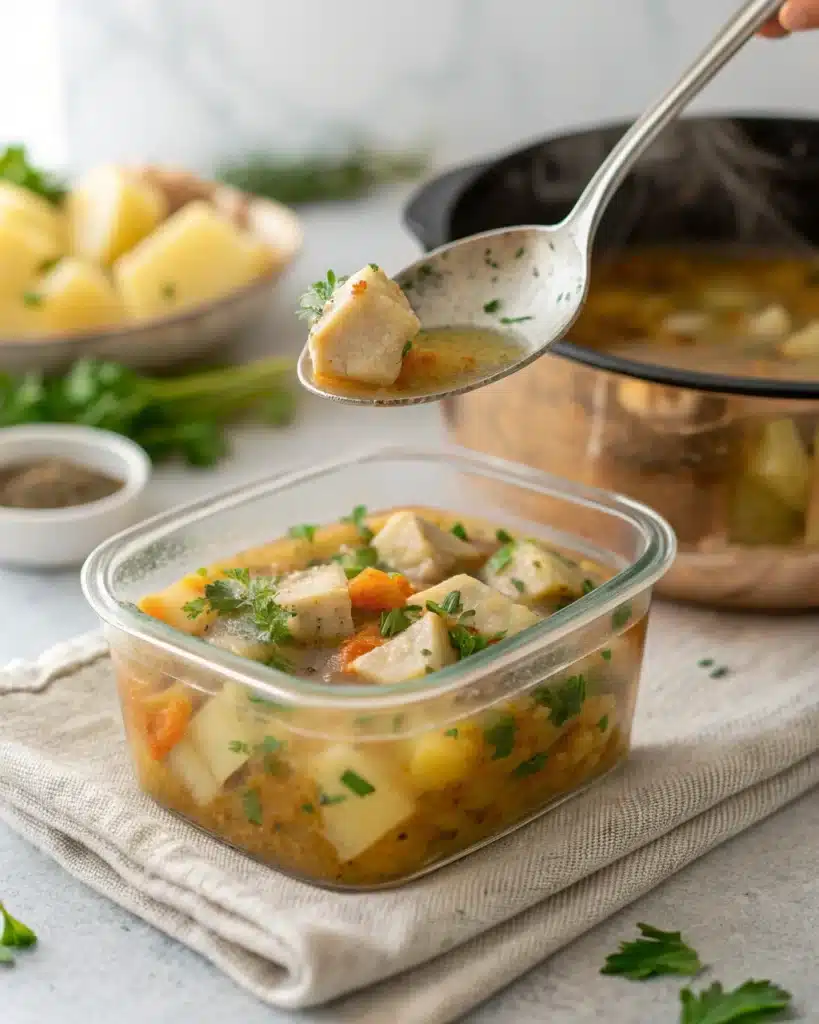 Ladling chicken and potato soup into a glass storage container
