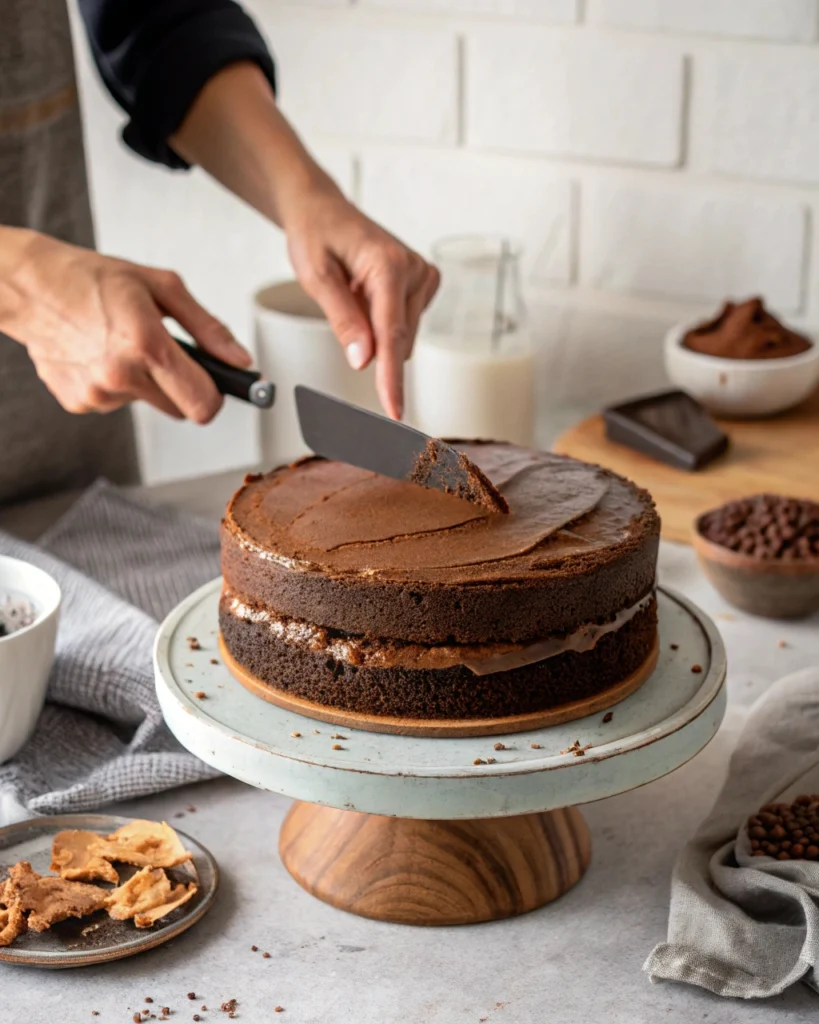 Brownie Cake Recipe 3 Layering homemade brownie cake with ganache frosting