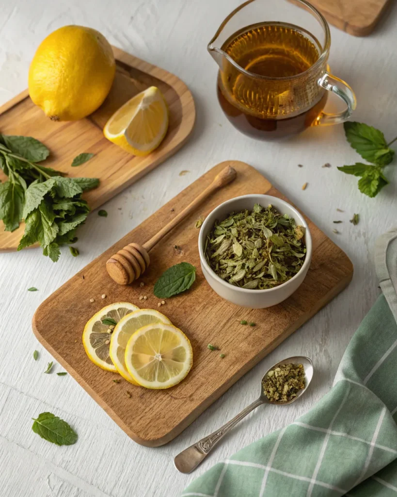 ingredients for lemon balm tea with lemon and honey