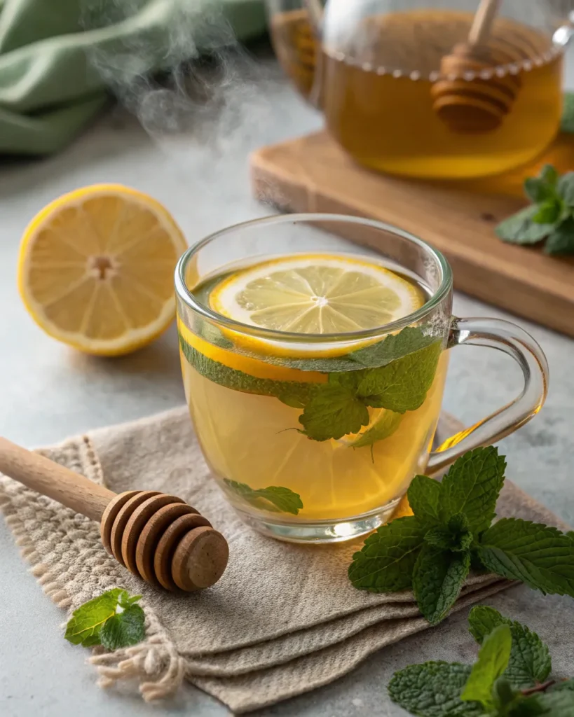lemon balm tea with lemon slice and honey