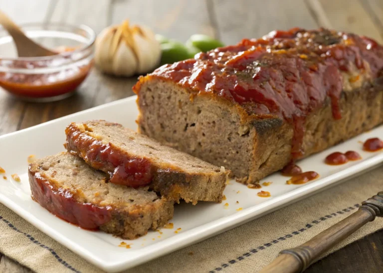 Close-up of sliced Lipton Onion Soup Meatloaf with ketchup glaze