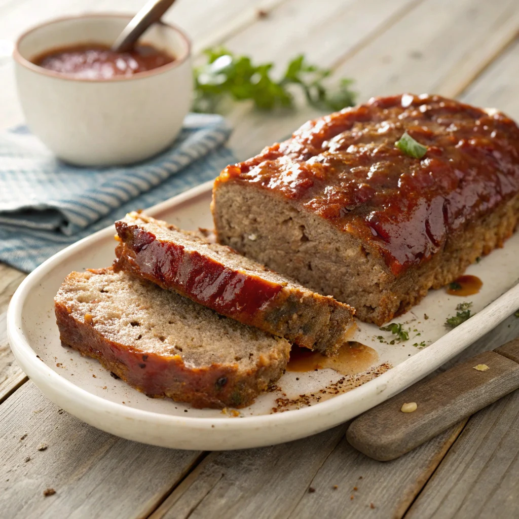 Juicy Lipton Onion Soup Meatloaf sliced and served with ketchup glaze