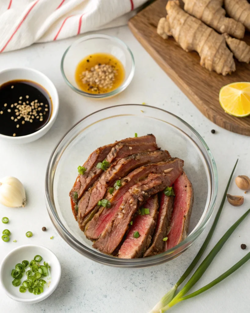 Thinly sliced flank steak marinating in soy sauce, garlic, and sesame oil for beef and broccoli stir fry