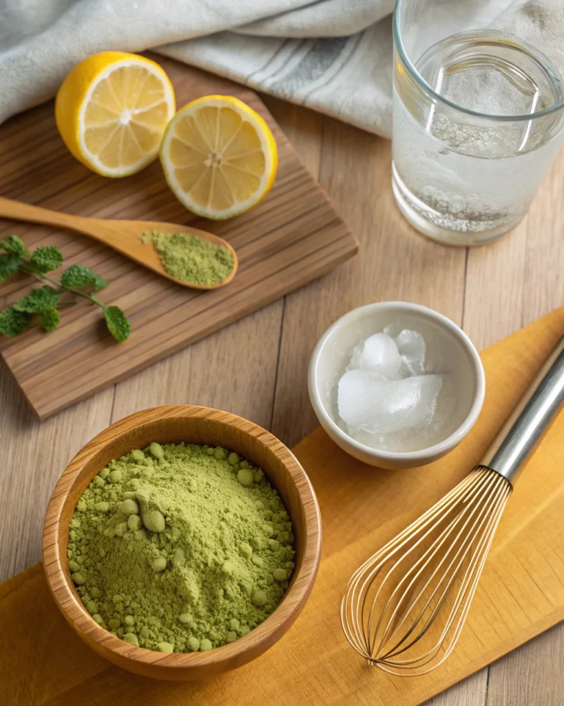 Matcha lemonade ingredients laid out on a kitchen counter