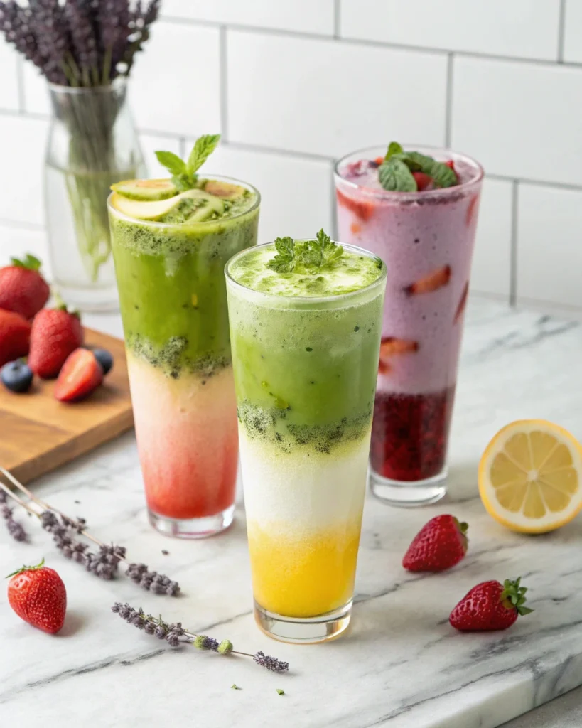 Different variations of matcha lemonade in glasses