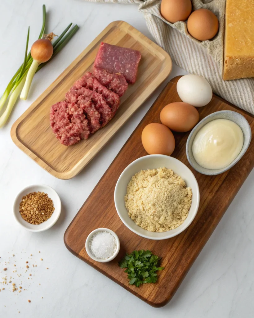 Ingredients for Lipton Onion Soup Meatloaf laid out on a cutting board