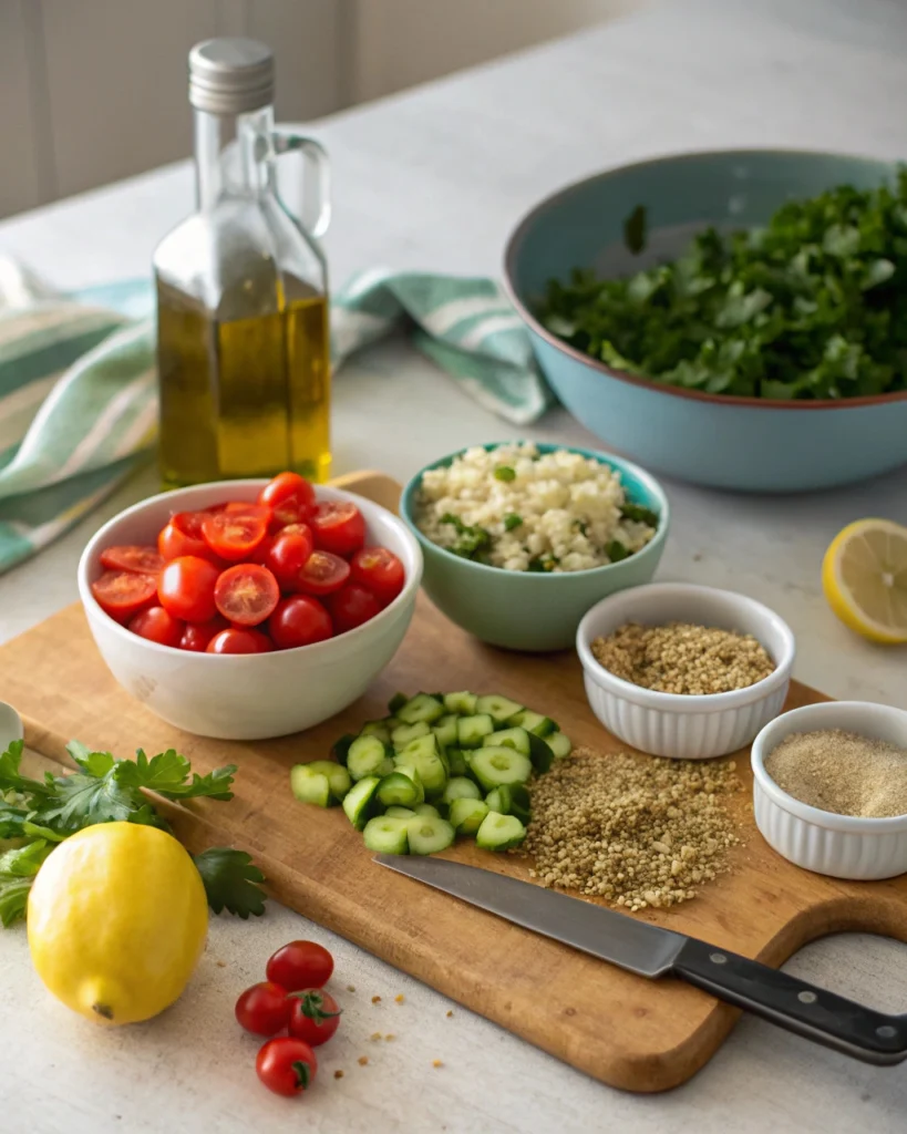 Mediterranean quinoa salad ingredients on a kitchen counter