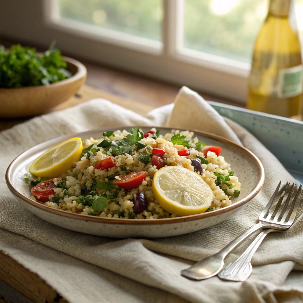 Personal serving of Mediterranean quinoa salad on a ceramic plate with lemon and herbs