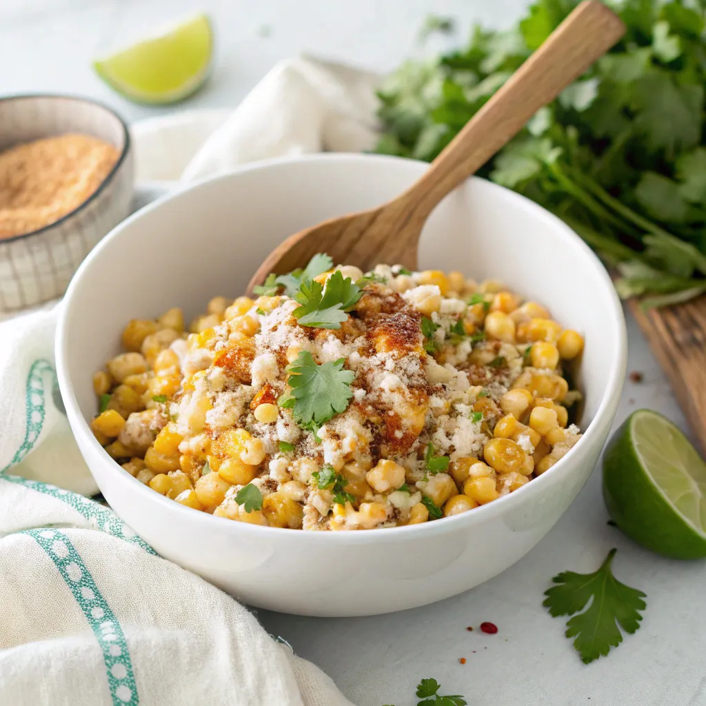 Esquites Mexican street corn served in a bowl with cheese and cilantro